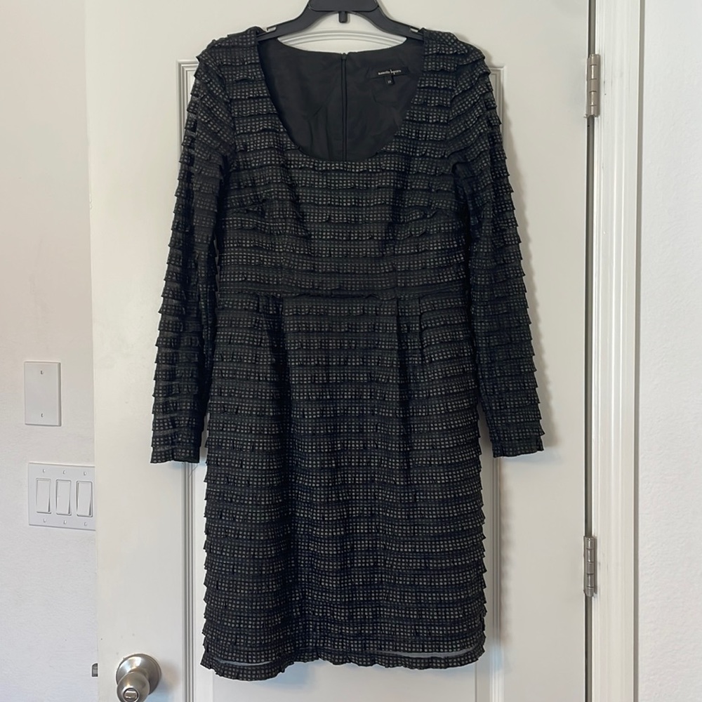 Vintage Nanette Lepore black dress with ruffles and silver polka dots.